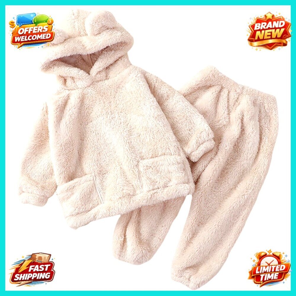 Fuzzy Fluffy Bear Ear Hoodie Sweatshirt Set with Fleece Sweatpants Kids Outfit